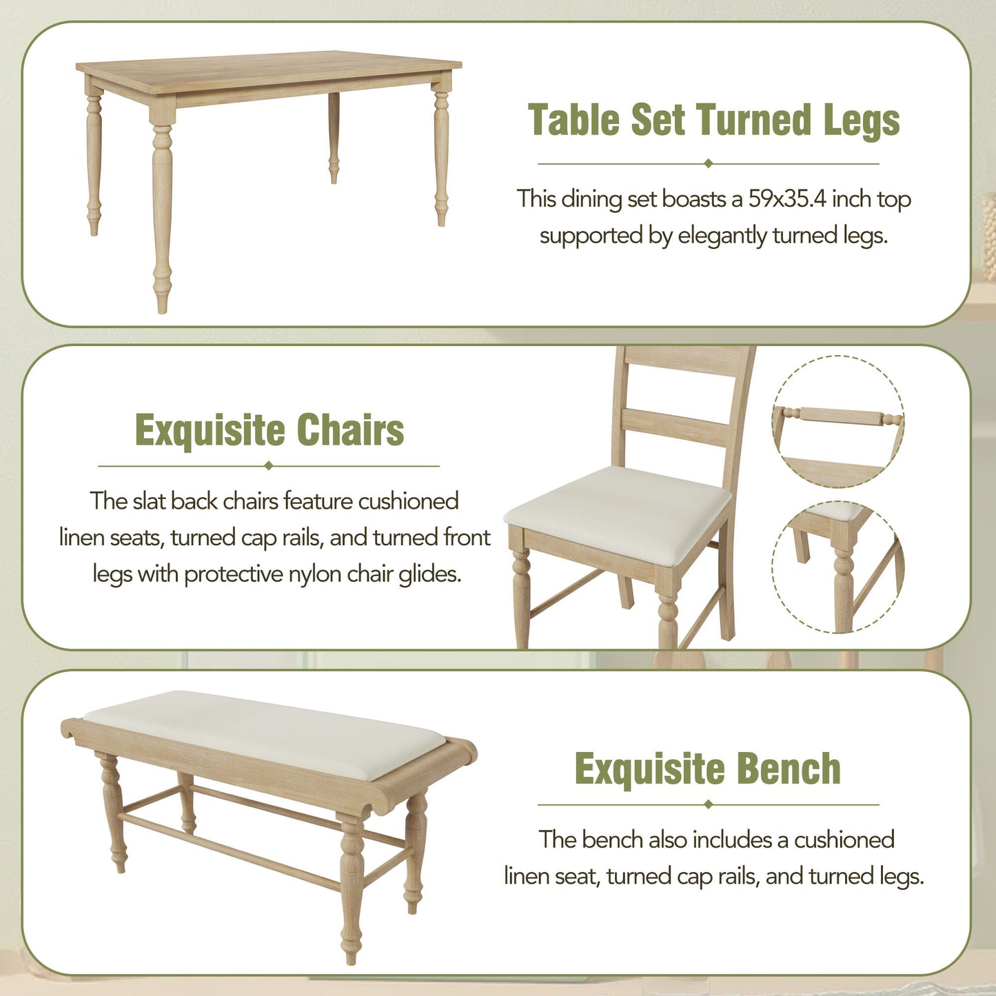 6-peice Dining Set with Turned Legs, Kitchen Table Set with Upholstered Dining Chairs and Bench,Retro Style, Natural