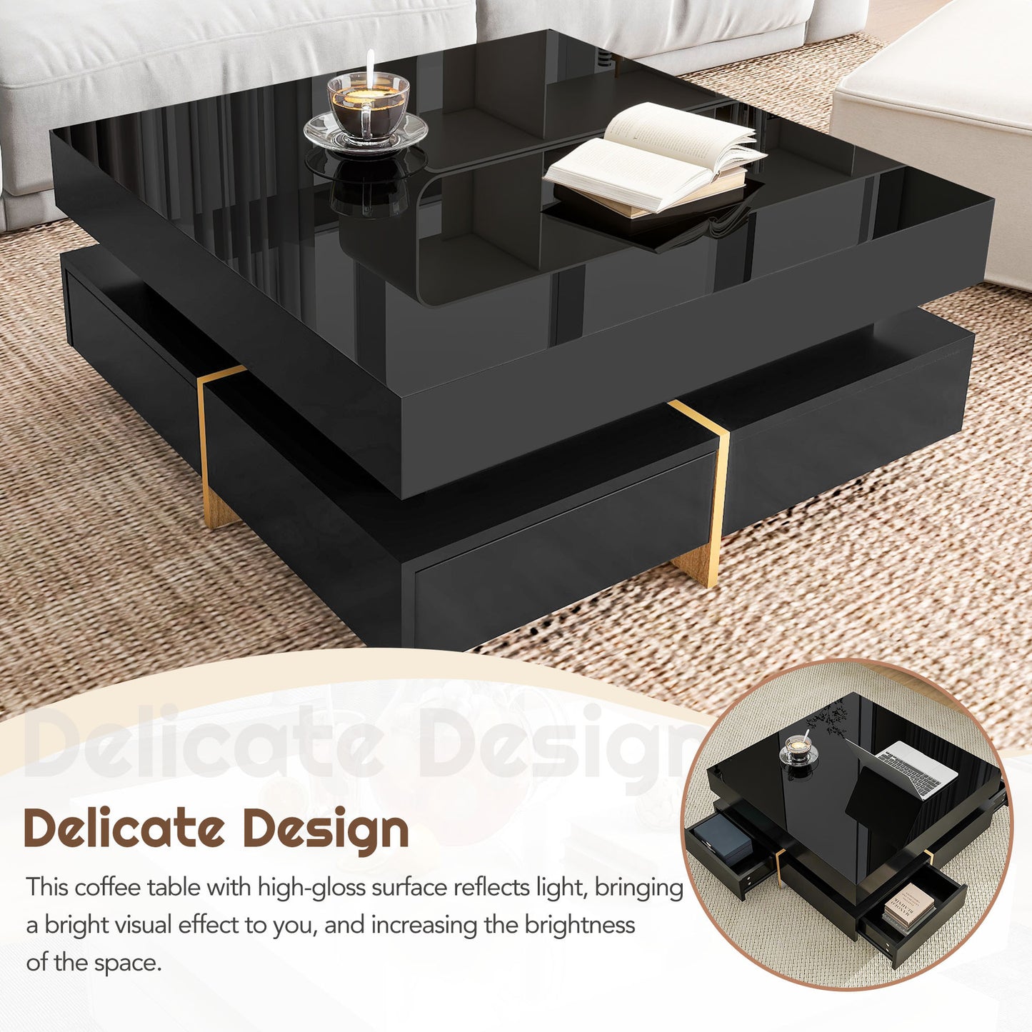 Modern Sleek Black Coffee Table with Wood Grain Legs and 4 Drawers, Square Multi-Storage Center Table for Living Room, 31.5''x31.5'', Black