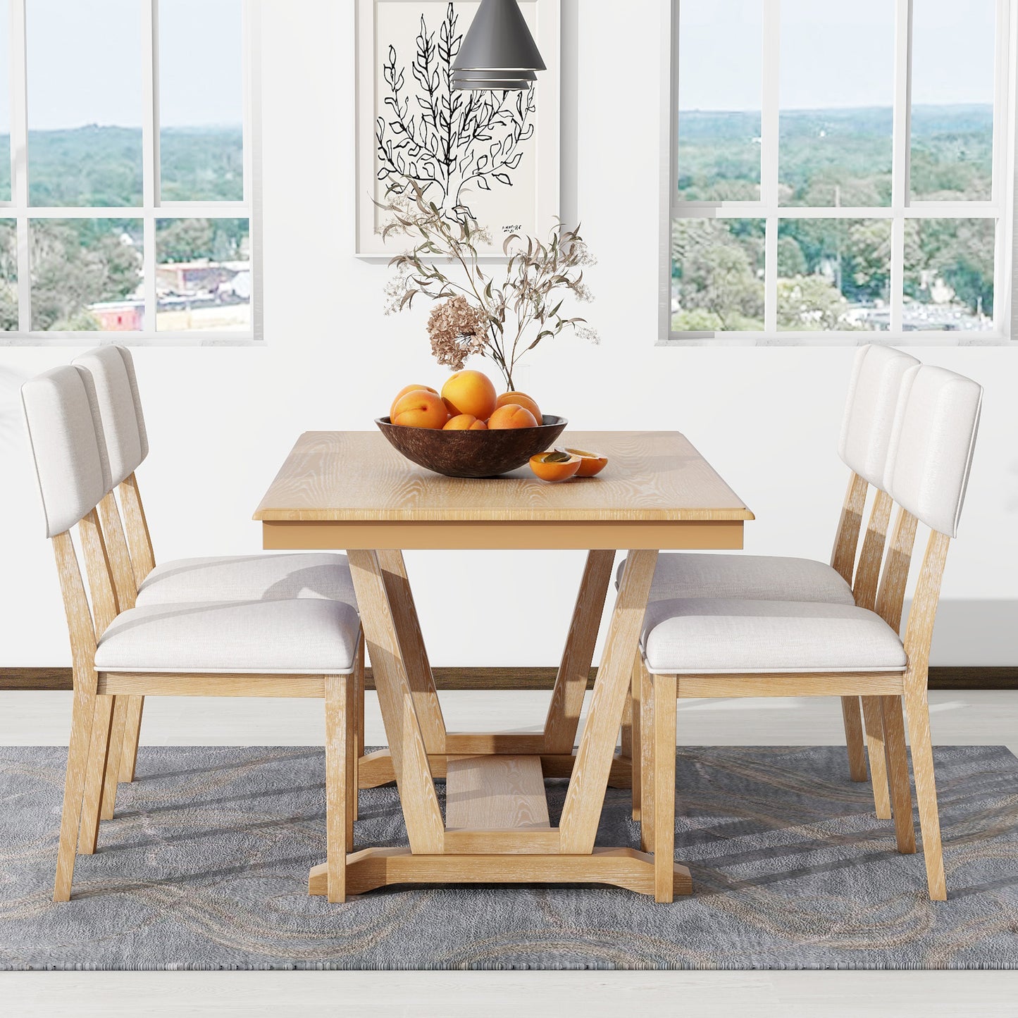 Rustic 5-piece Dining Table Set with 4 Upholstered Chairs, 59-inch Rectangular Dining Table with Trestle Table Base, Naural