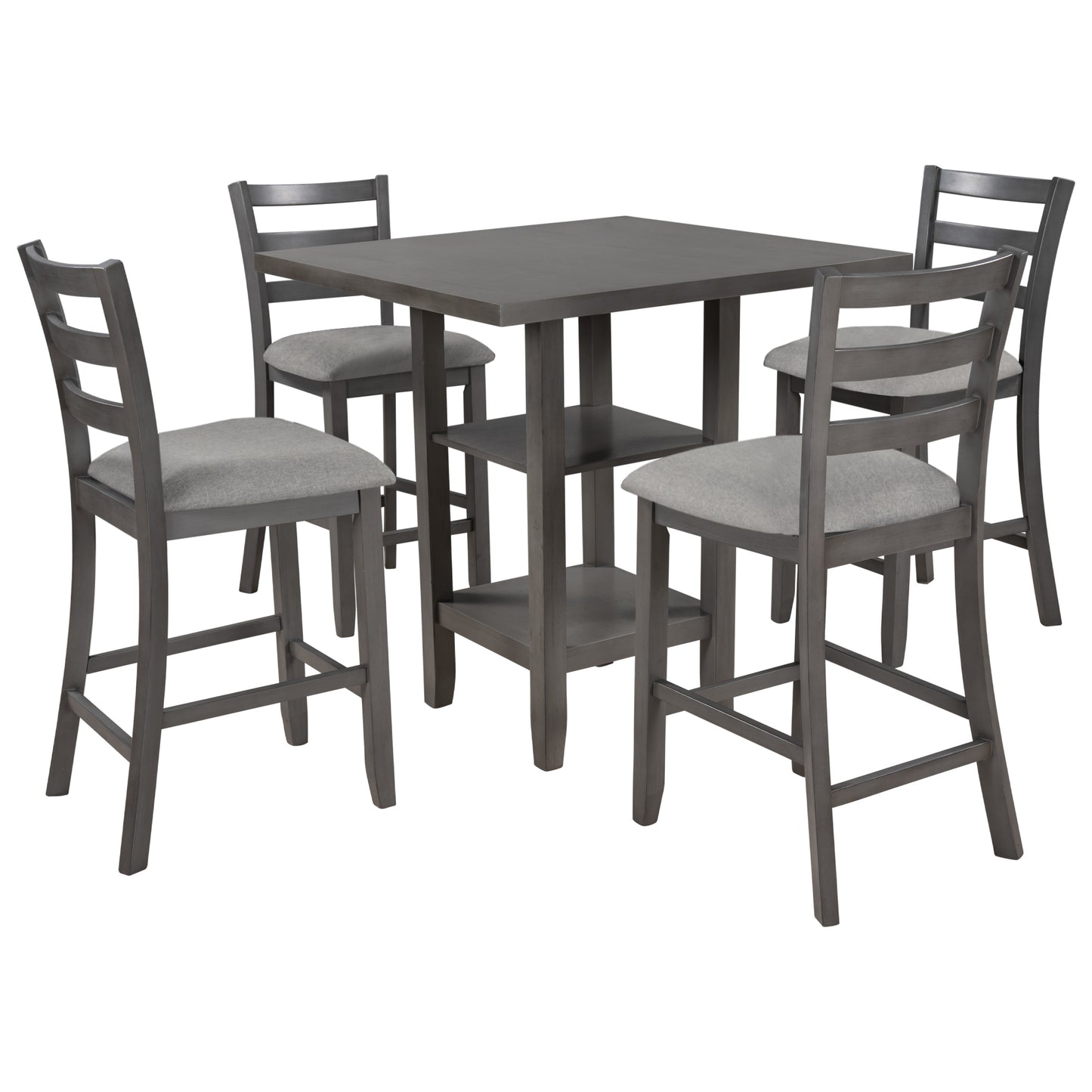 TREXM 5-Piece Wooden Counter Height Dining Set with Padded Chairs and Storage Shelving (Gray)