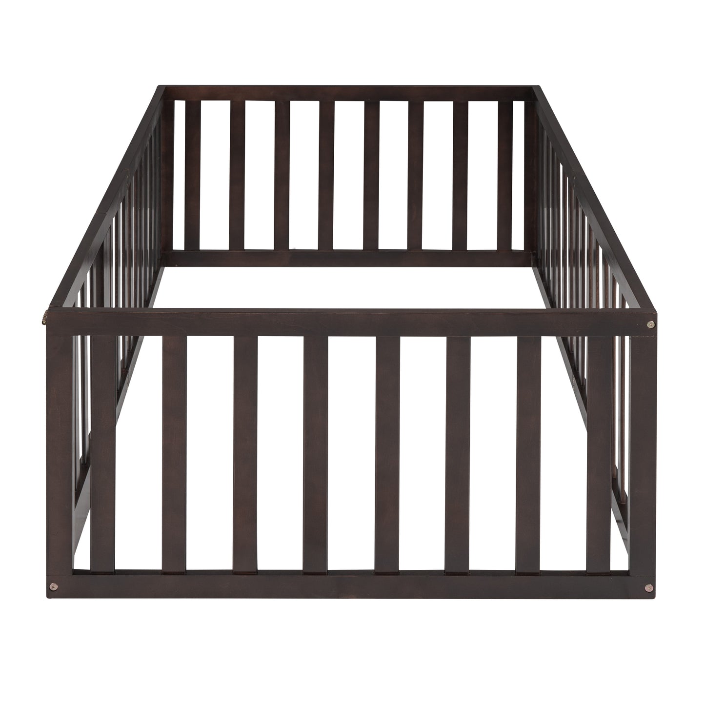 Twin Size Wood Floor Bed Frame with Fence and Door, Walnut( :WF289661AAL)