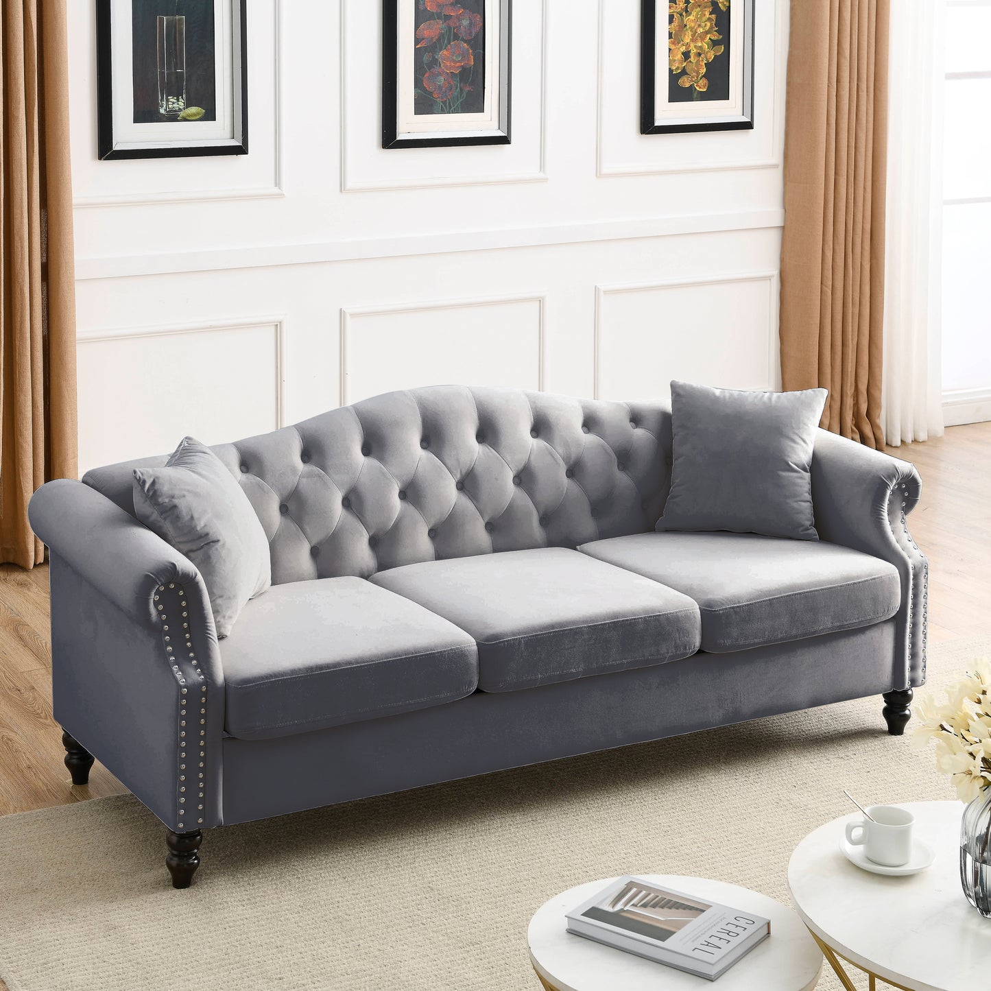 Grey Velvet Chesterfield 3-Seater Sofa Combination with Nailhead Trim