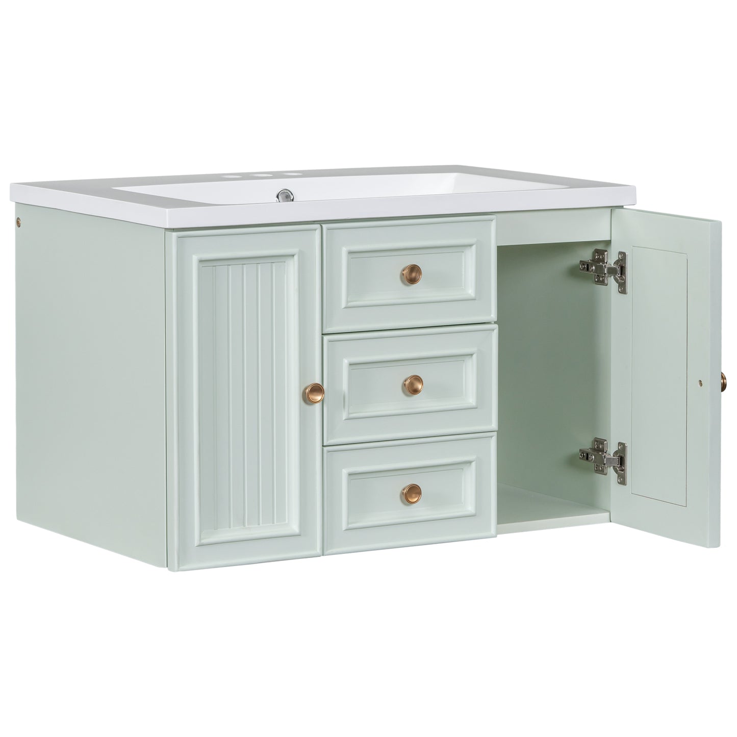 30" Wall Mounted Bathroom Vanity with Sink Combo, Functional Drawer, Solid Wood & MDF Board & Ceramic, Green