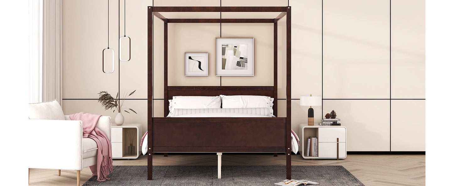 Queen Size Canopy Platform Bed with Headboard and Footboard, Slat Support Leg - Espresso