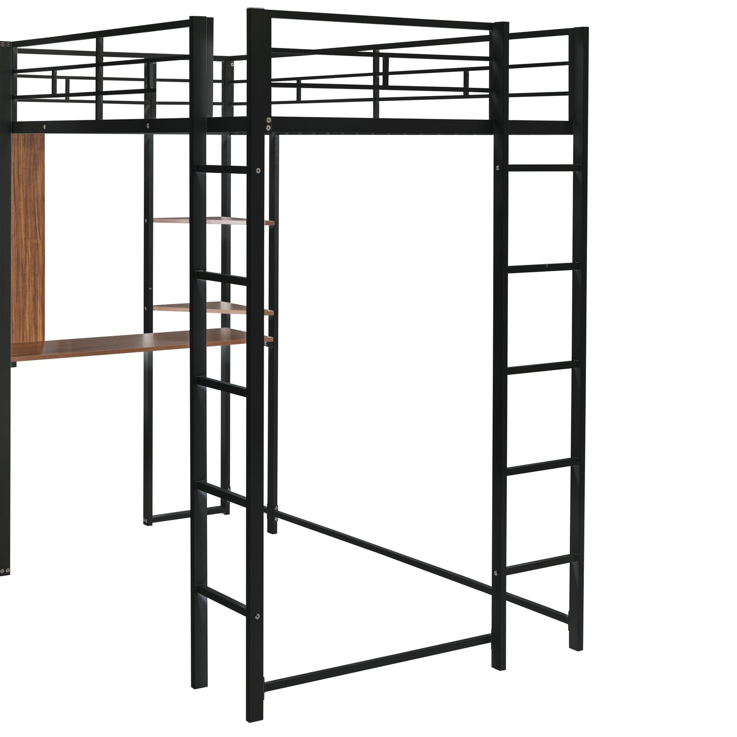 Twin Metal Loft Bed with 2 Shelves and one Desk ,BLACK(: MF281206AAB)