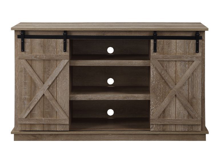 Bellona Oak Finish TV Stand with Sliding Barn Doors, Industrial Style