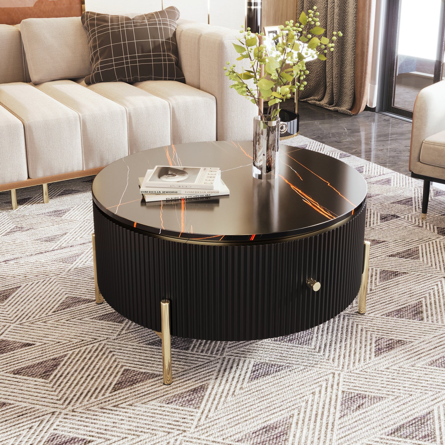 Contemporary Round Coffee Table with 2 Spacious Drawers and Marble Patterned Top