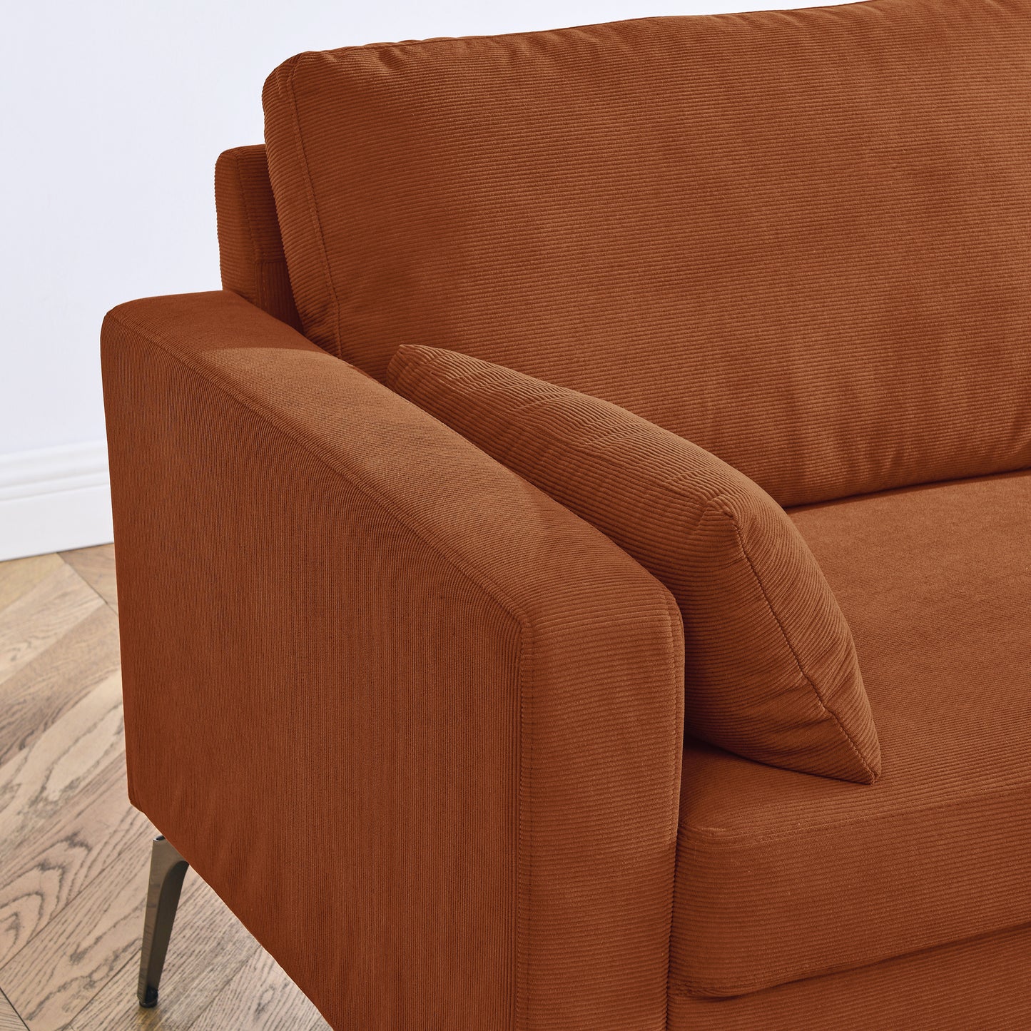 Corduroy Orange 3-Seater Sofa with Square Arms and Tight Back, Including Two Small Pillows