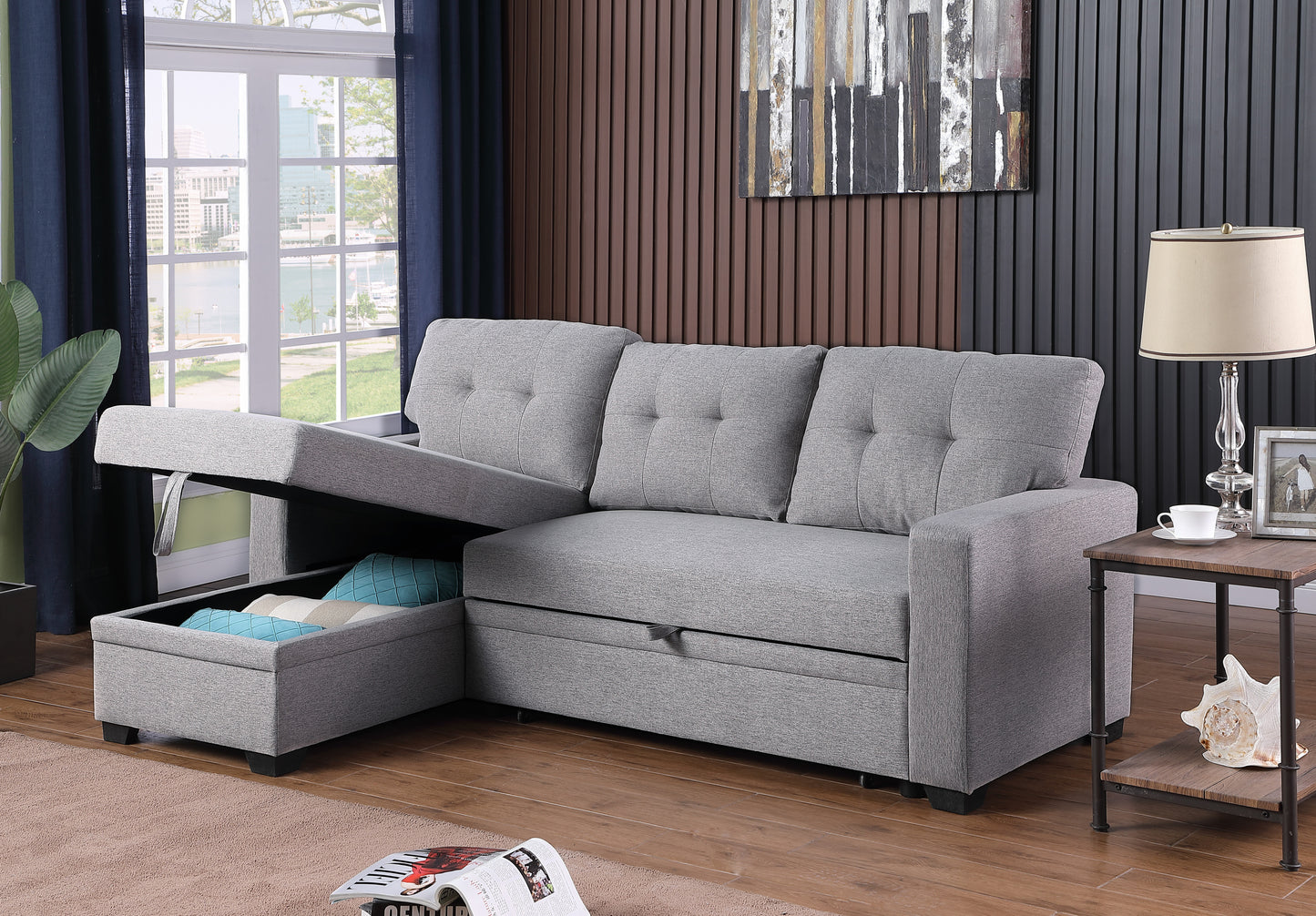 Upholstered Pull out Sectional Sofa with Chaise