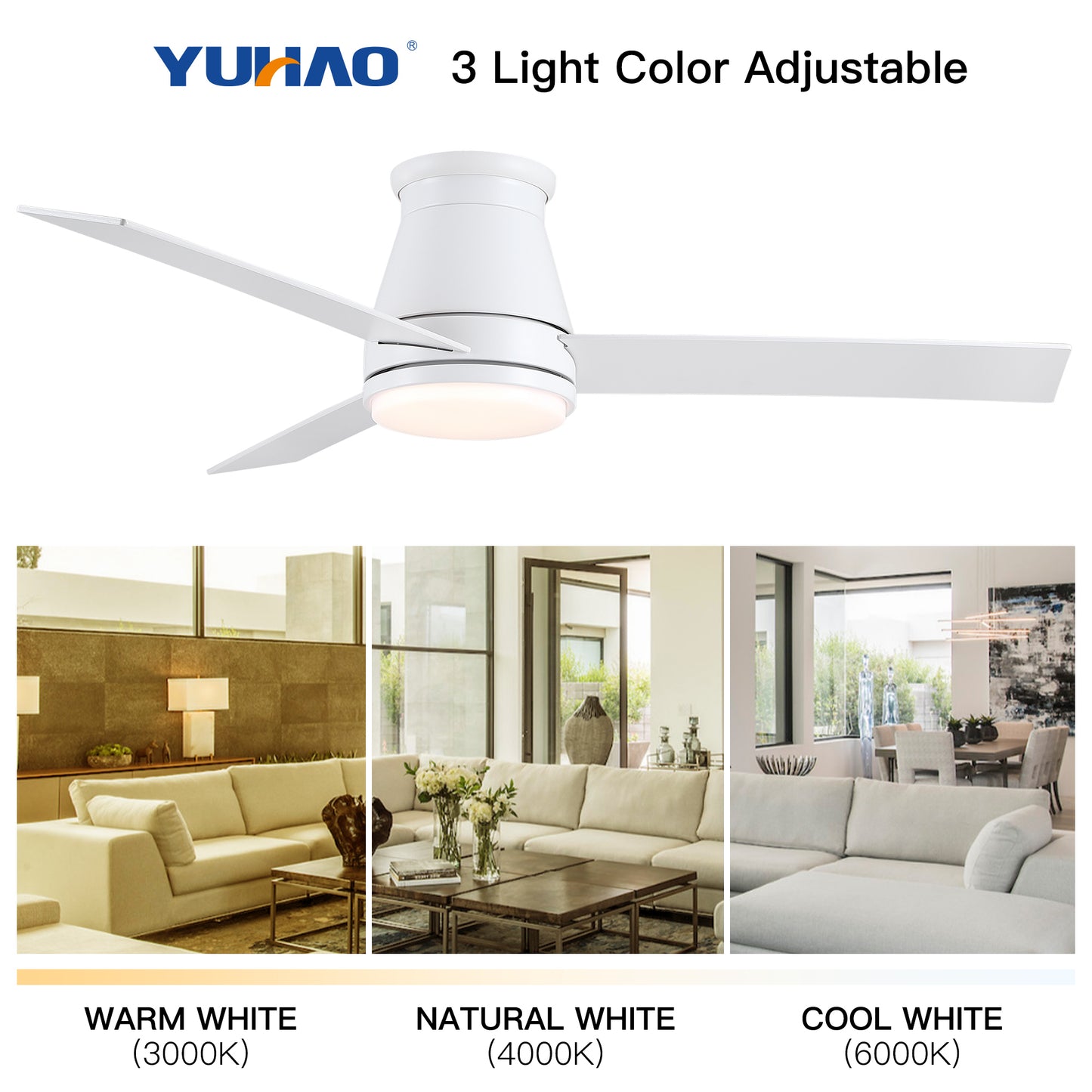 YUHAO 48 White Low Profile Ceiling Fan with LED Lights