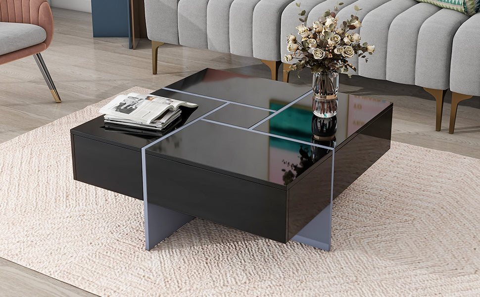 Puzzle Design Coffee Table with Extendable Sliding Tabletop and Hidden Storage Compartments