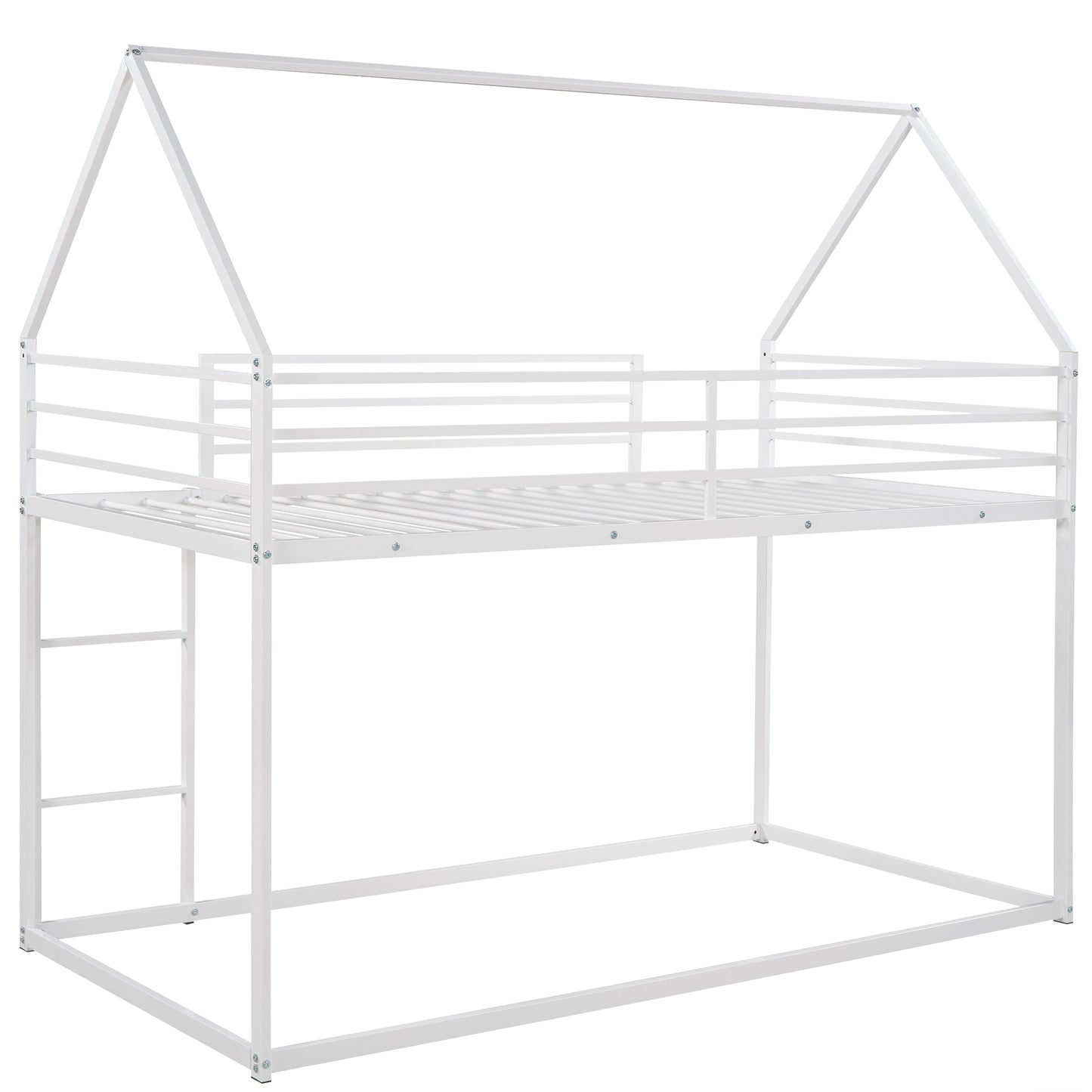 Whimsical White Twin House Bunk Bed with Slide and Built-in Ladder