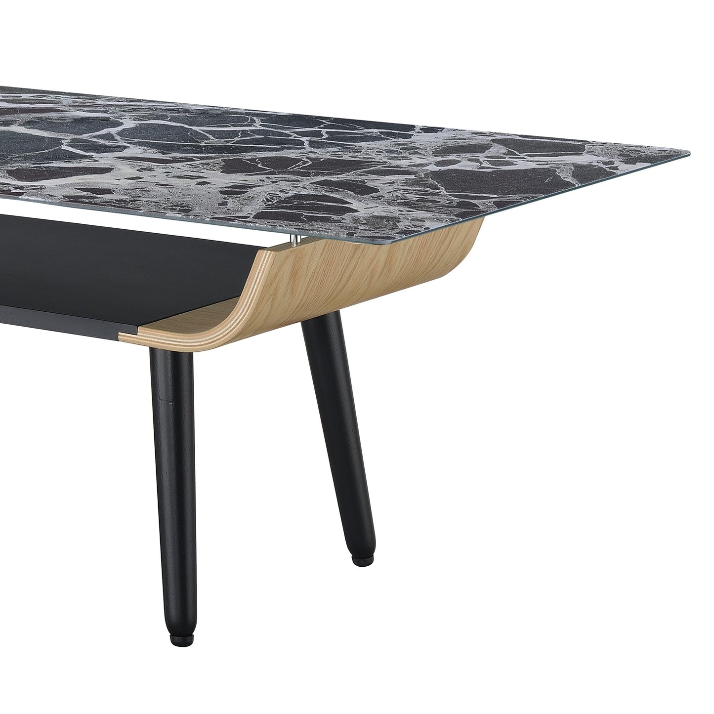 Landon Glass Top Coffee Table with Black Marble Texture and Bent Wood Design