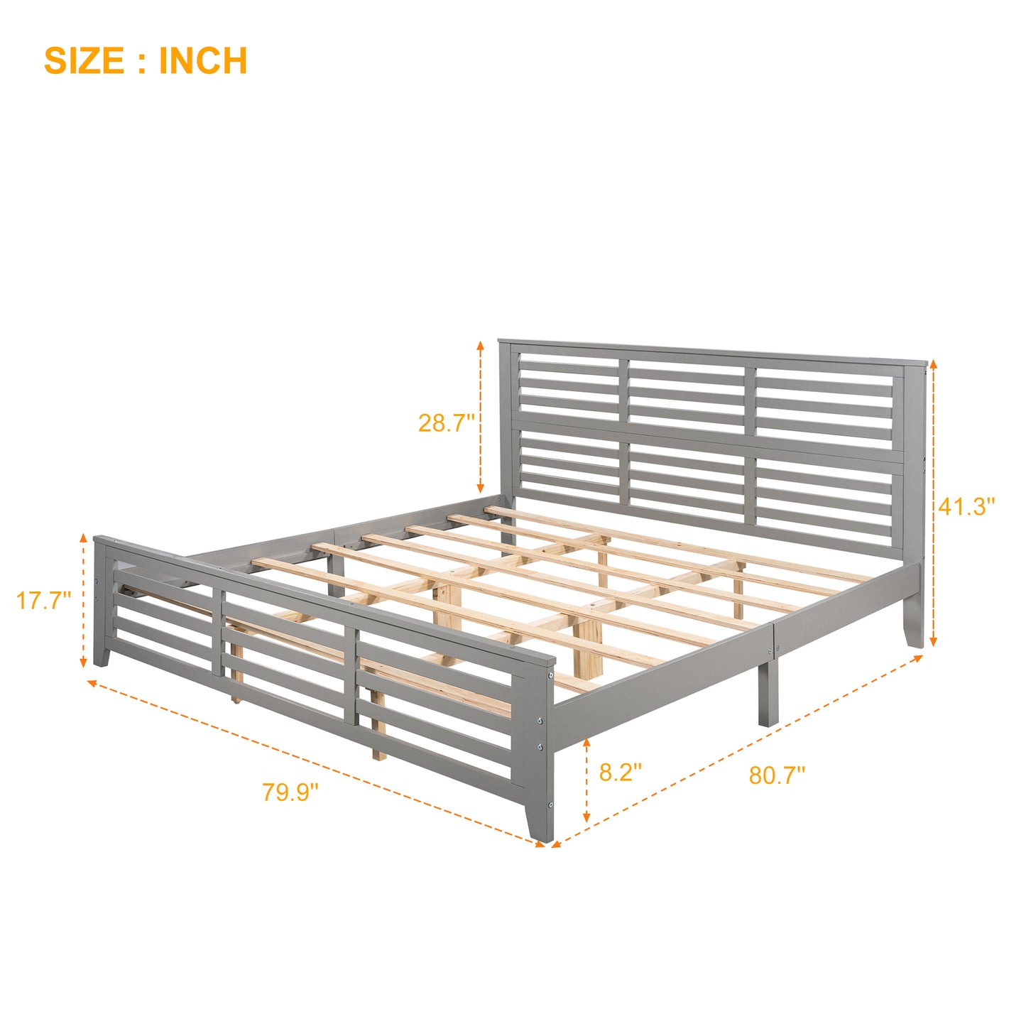 Platform bed with horizontal strip hollow shape, King size, gray