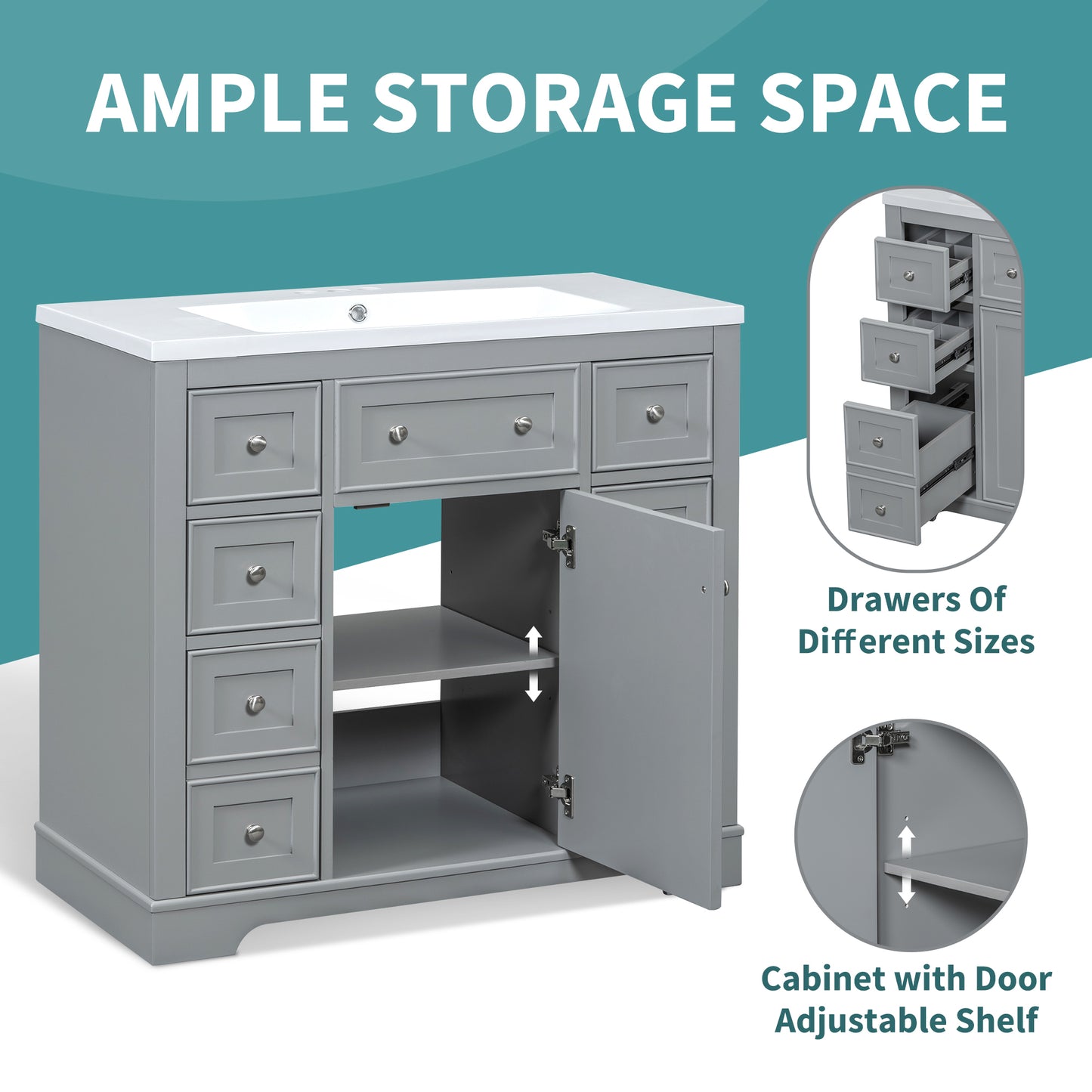 36" Bathroom Vanity with Sink Combo, One Cabinet and Six Drawers, Solid Wood and MDF Board, Grey