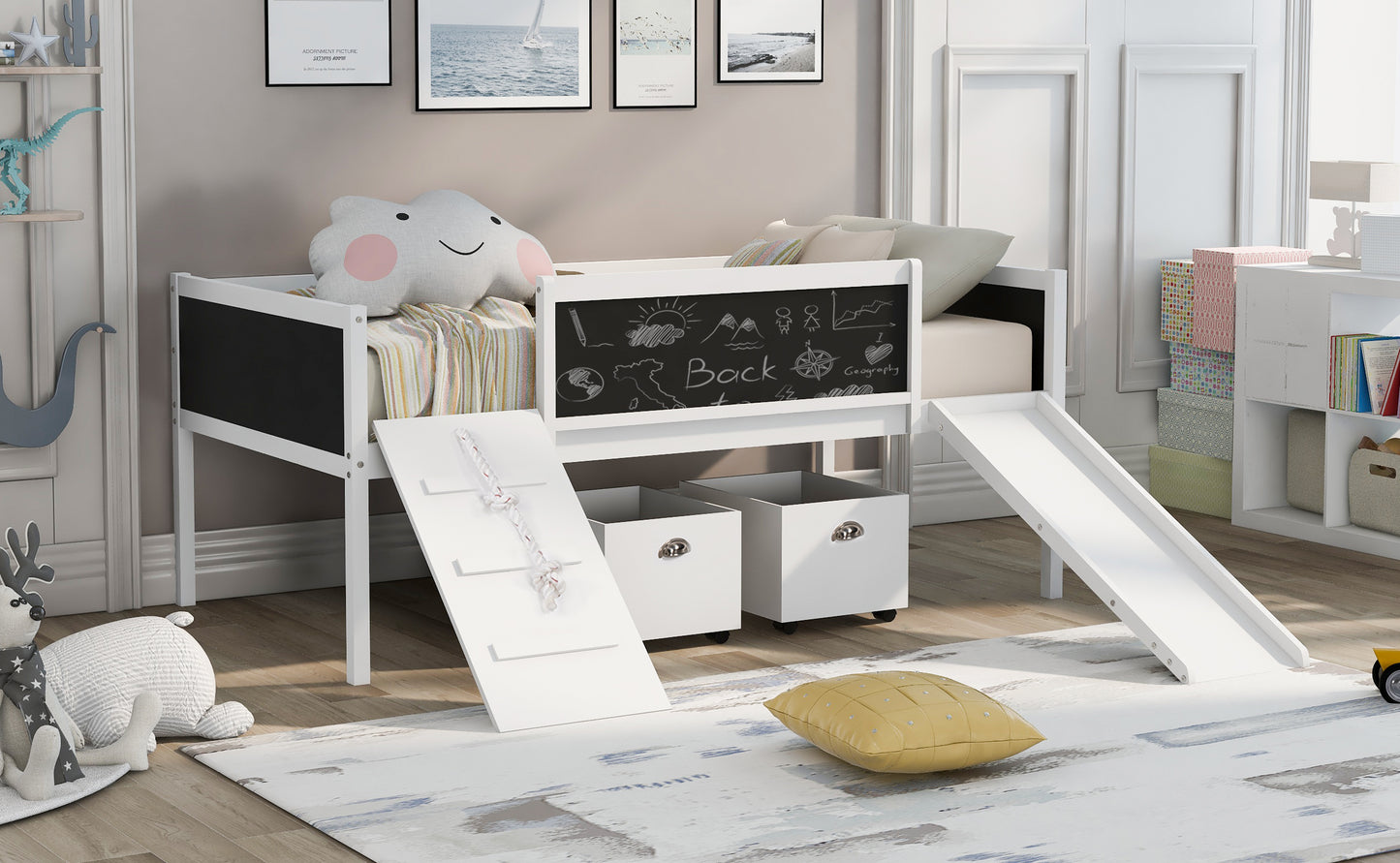 Twin size Loft Bed Wood Bed with Two Storage Boxes - White