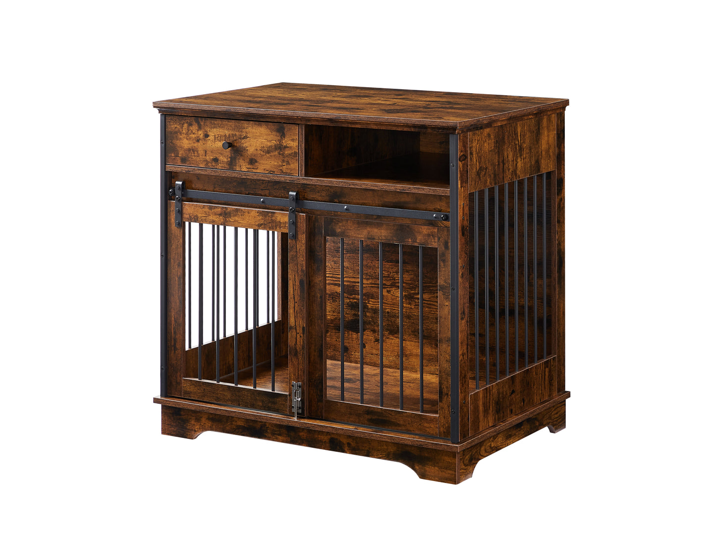 Sliding door dog crate with drawers. Rustic Brown, 35.43'' W x 23.62'' D x 33.46'' H