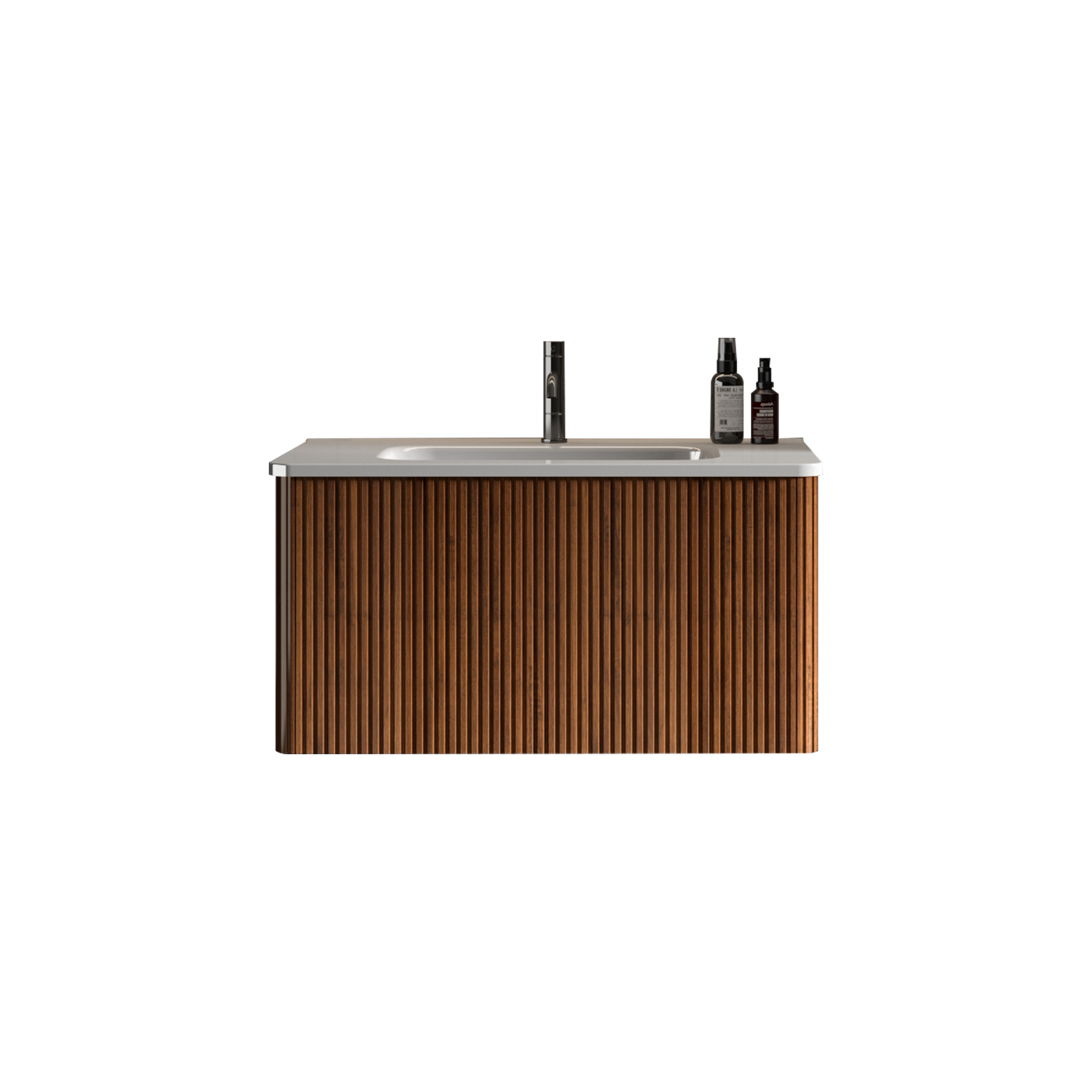 U047-Etna30W-305 Etna 30" Striped Walnut Bathroom Vanity with White Ceramic Sink, Wall Mounted Floating Bathroom Vanity for Modern Bathroom, One-Piece White Basin without Drain and Faucet