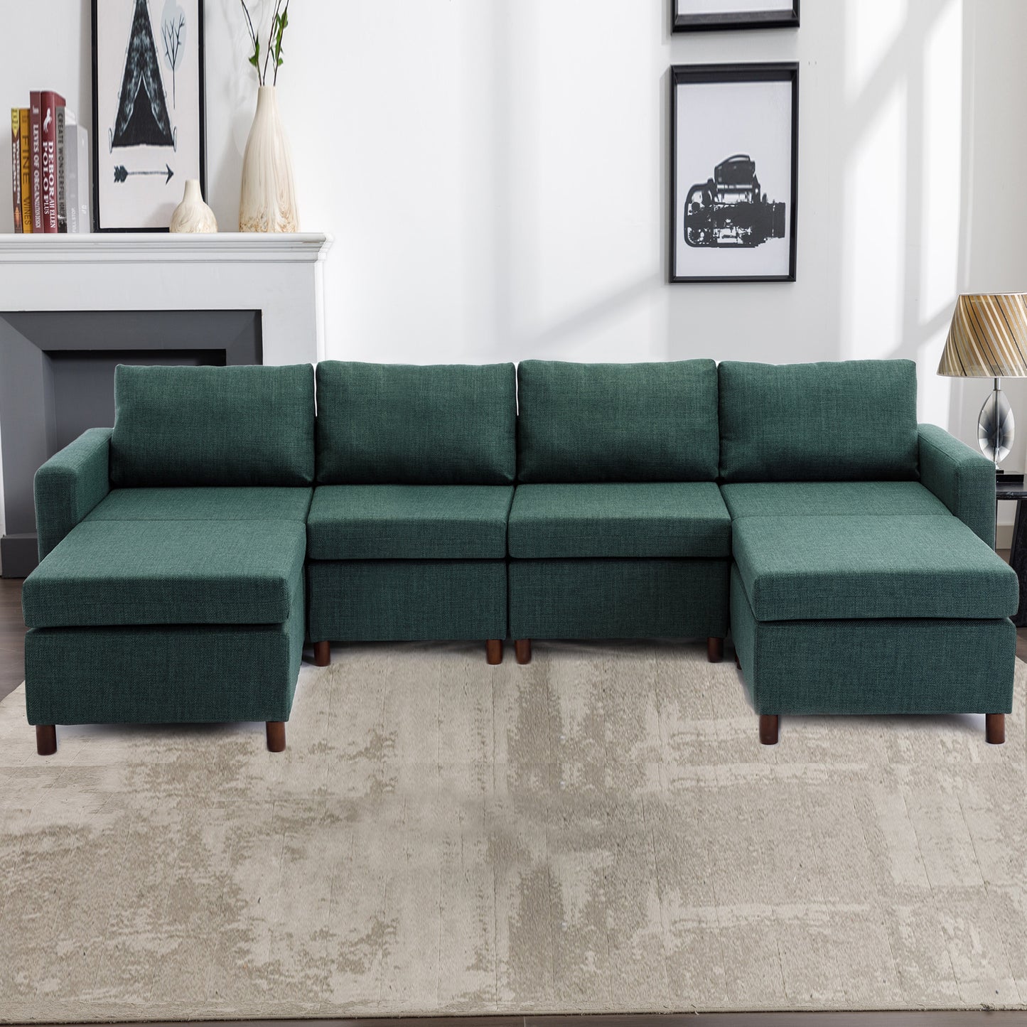 4-Seat Green Linen Sectional Sofa with Ottoman and Soft Plushness