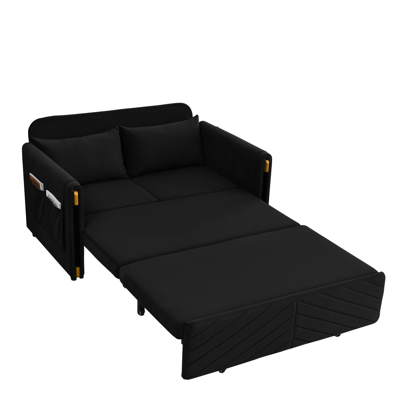 MH 54" Modern Convertible Sofa Bed with 2 Detachable Arm Pockets, Velvet Loveseat Sofa with Pull Out Bed, 2 Pillows and Living Room Adjustable Backrest, Grid Design Armrests, Black