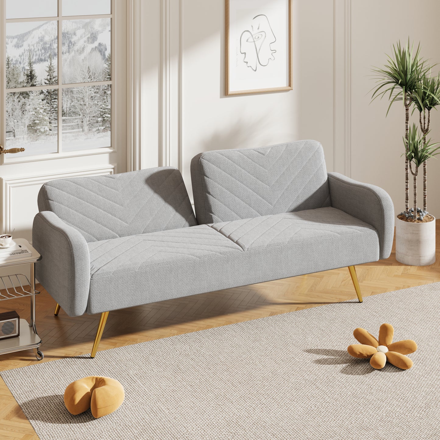 70.47 Gray Fabric Double Sofa with Split Backrest and Two Throw Pillows