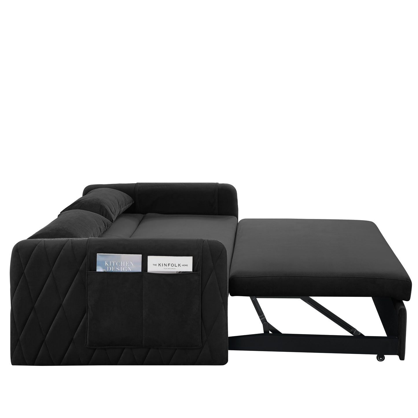 55 Modern Velvet Convertible Sofa Bed with Adjustable Backrest and Detachable Arm Pockets