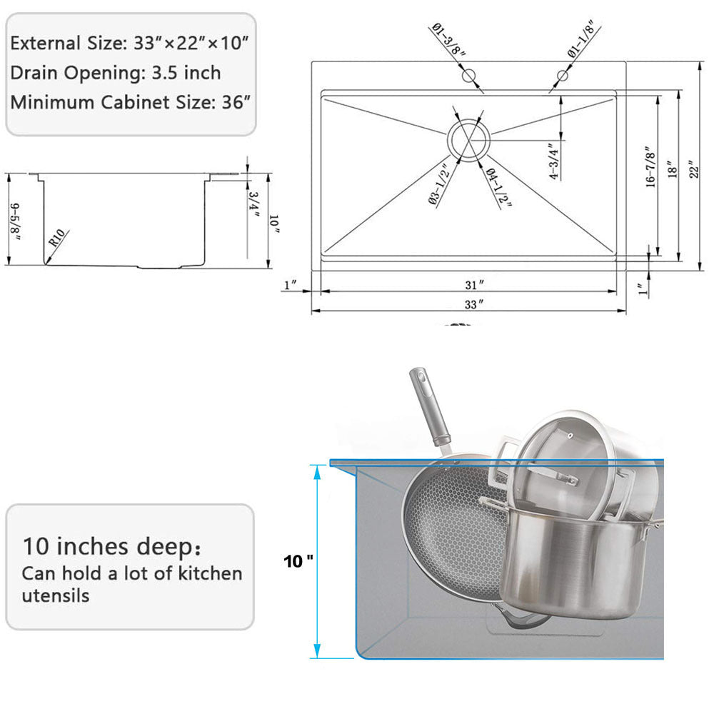 Stainless Steel Kitchen Sink with Integrated Ledge and Accessories (Pack of 5) - 33x22x10