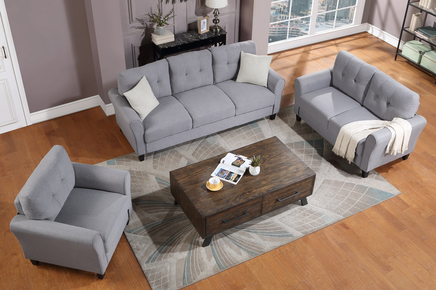 Modern Living Room Sofa Set Linen Upholstered Couch Furniture for Home or Office ,Light Grey-Blue,(1+2+3-Seat)