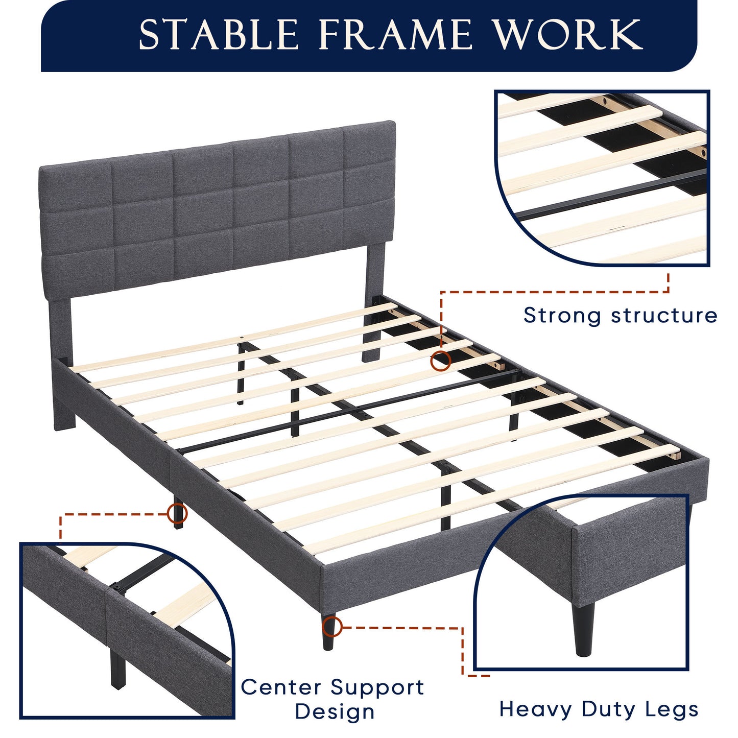 Full Size Platform Bed Frame with Fabric Upholstered Headboard and Wooden Slats, No Box Spring Needed/Easy Assembly, Grey