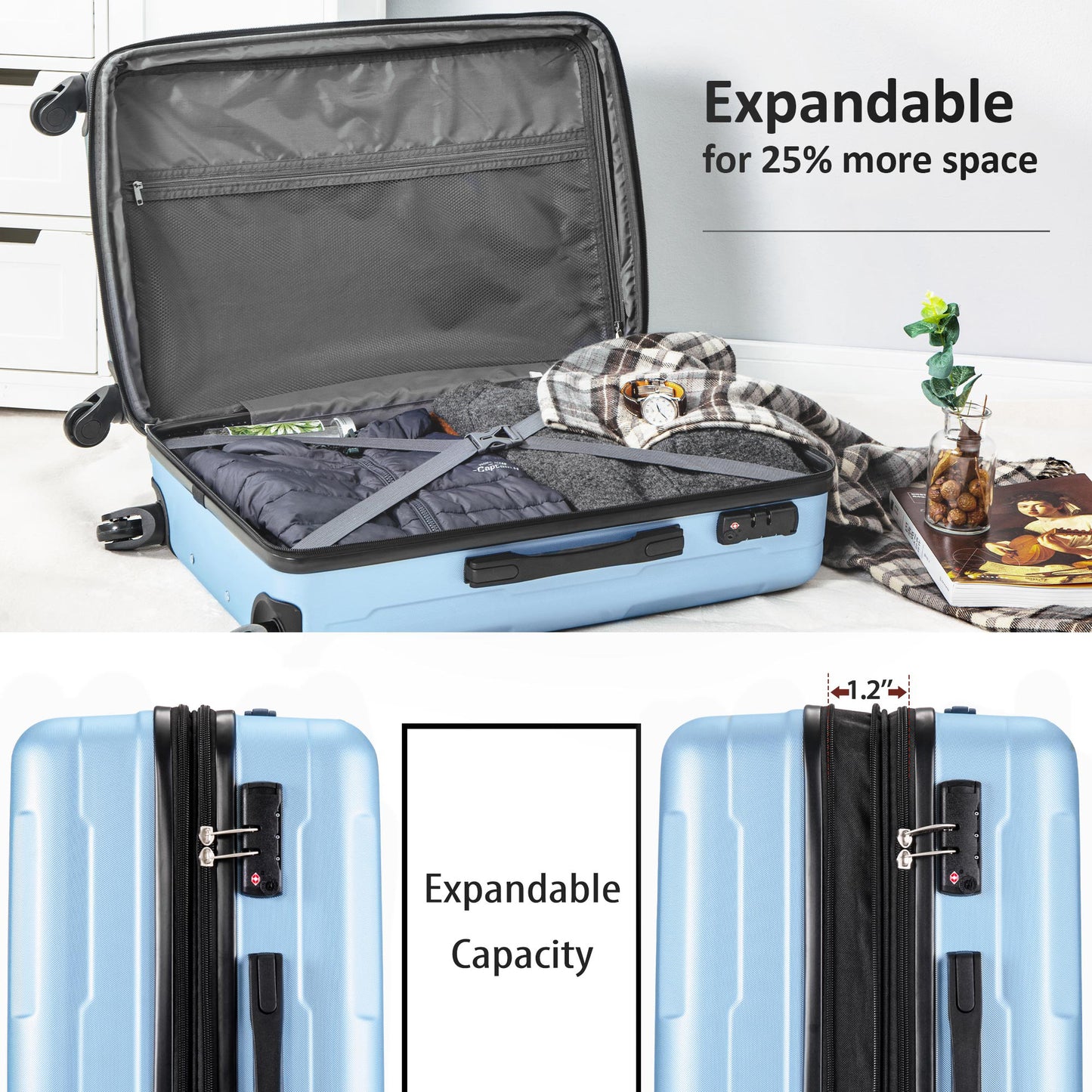 Expandable  Spinner Wheel 3 Piece Luggage Set ABS Lightweight Suitcase with TSA Lock