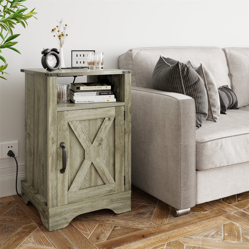 Wholesale Light Gray Door Wood Nightstands Cabinet Tall Bedside Table With Charging Station Bedroom Living Room