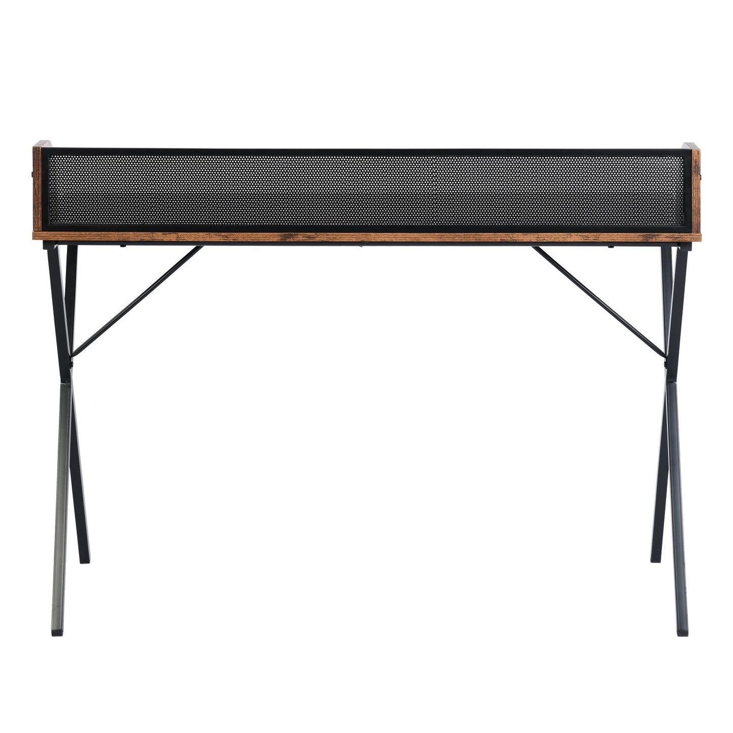 Sleek Black Computer Desk with X-Shaped Metal Legs and Spacious Work Surface