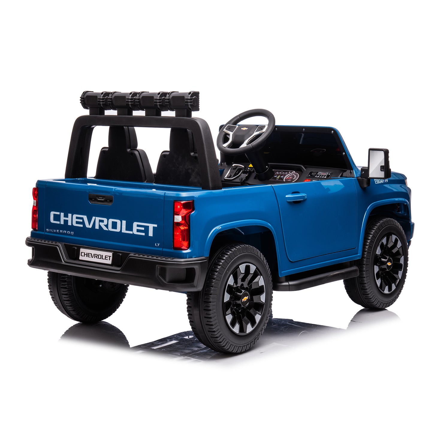 Blue, 24V 2 Seater Ride On Truck Car, Licensed Chevrolet Silverado HD Electric Car for Kids, 4WDmotors, with 2.4G Remote Control, Metal Suspension, Soft Start, FM/Bluetooth/Music, LED Light,Toys Gifts