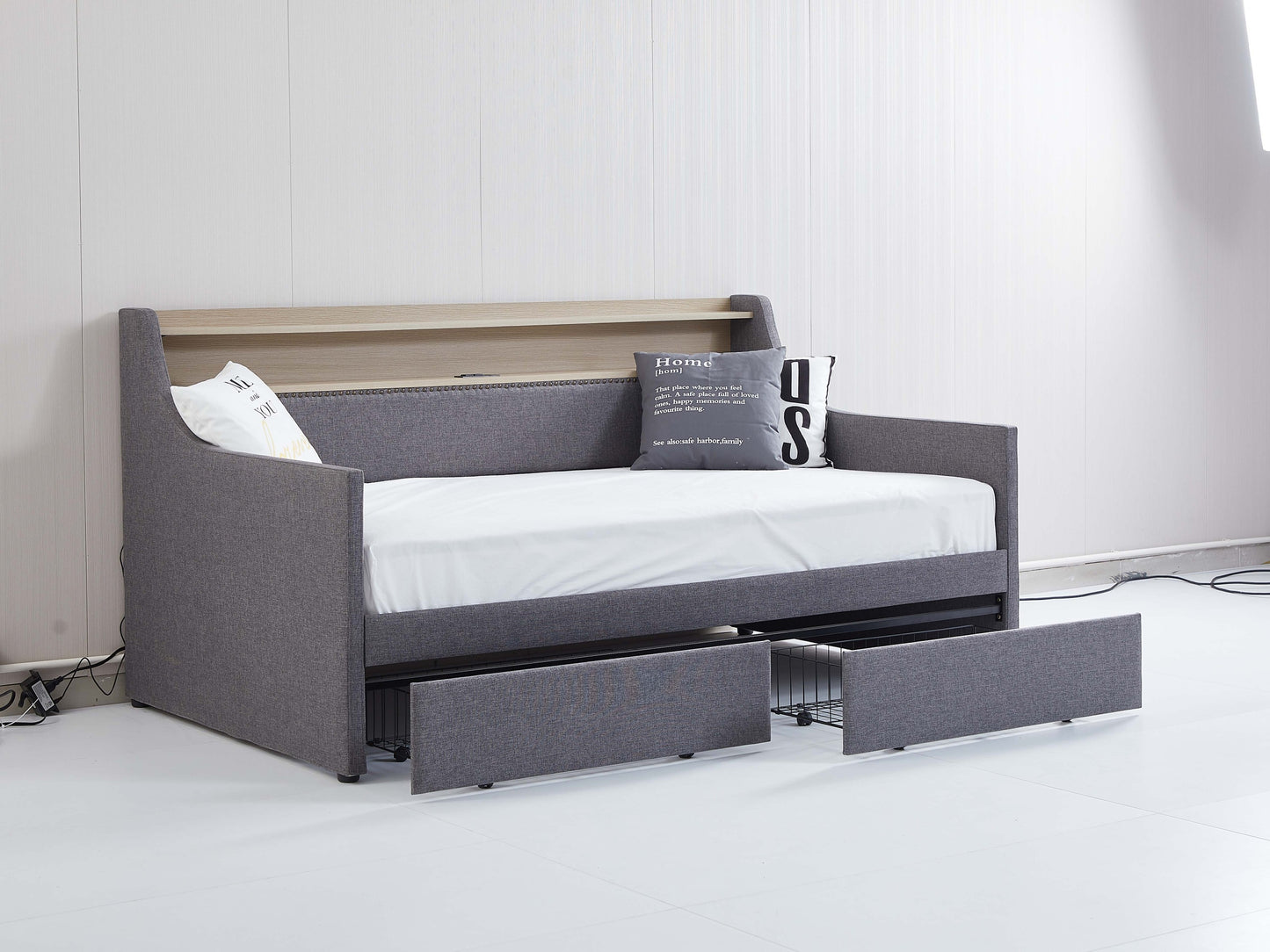 Twin Size Daybed with Storage Drawers, Upholstered Daybed with Charging Station and LED Lights, Gray (Expect arrive date: Jan 18th, 2024)