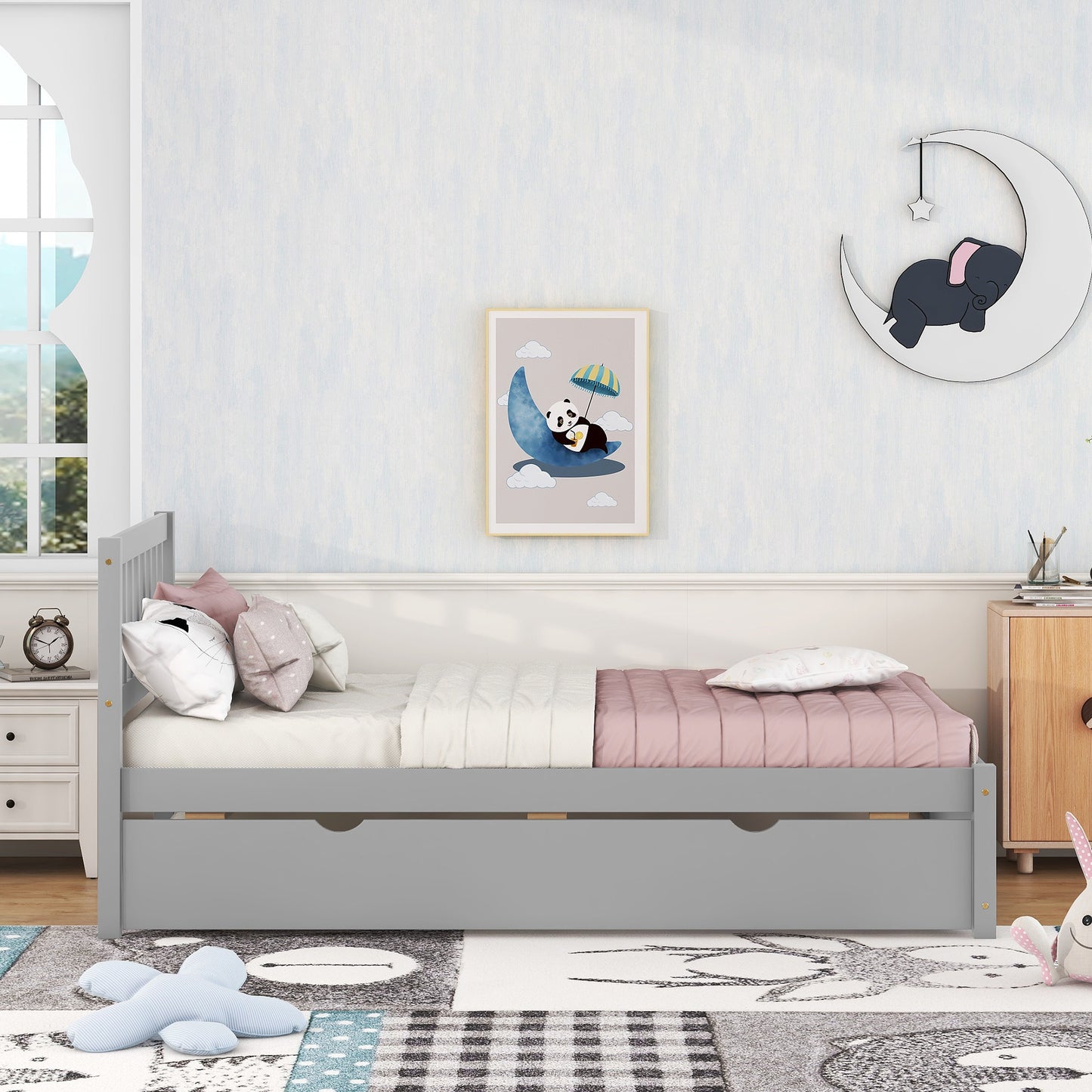 Modern Design Wooden Twin Size Platform Bed Frame with Trundle for Grey Color