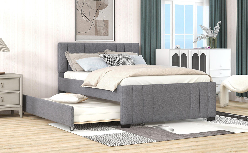 Full Upholstered Platform Bed with Trundle,Grey