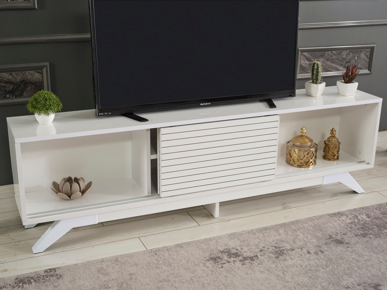 Luxia Mid Century Modern TV Stand with Storage Cabinets and Shelves in White