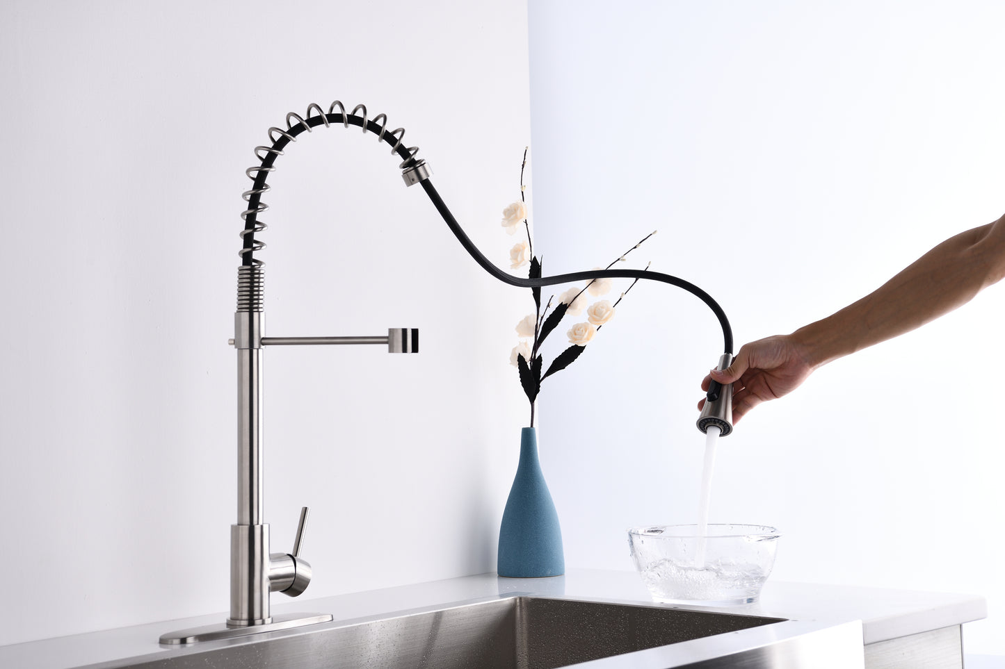 Brushed Nickle Single Handle Commercial Modern Spring High Arc Kitchen Faucet