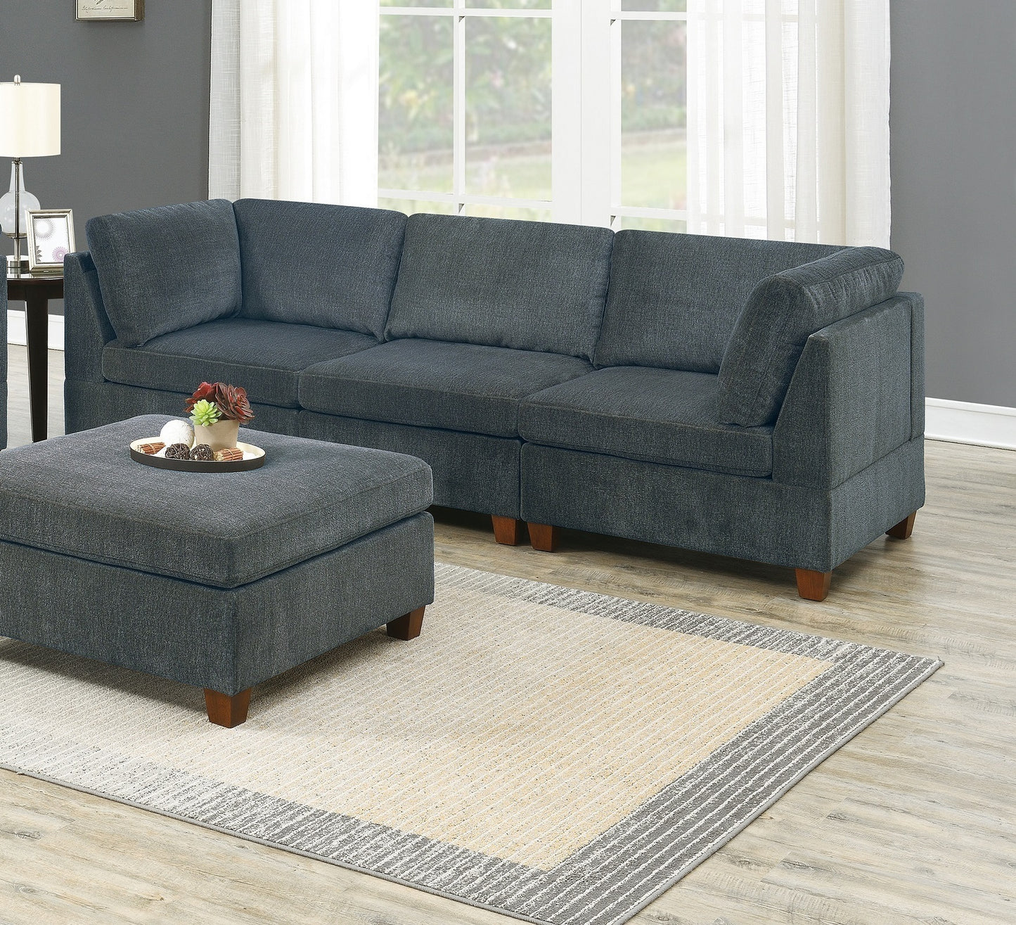 Contemporary Grey Chenille Modular Sofa Set with Ottoman and Armless Chair