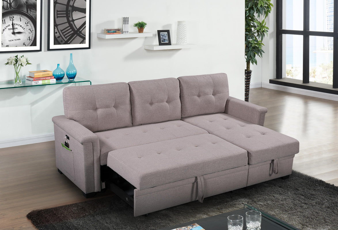 Versatile Light Gray Reversible Sleeper Sectional Sofa with Storage Chaise, USB Charging Ports and Pocket