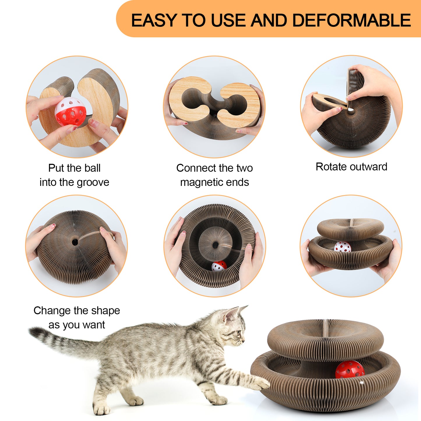 FluffyDream Magic Organ Cat Scratching Board, Interactive Scratch Pad with a Ball, Cat Scratcher for Grinding Claw, Recyclable and Durable, Furniture Protector, Retractable, Brown, Reversible