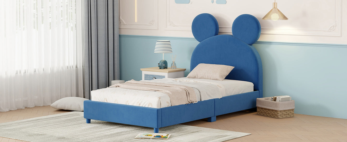 Twin Size Upholstered Platform Bed with Bear Ear Shaped Headboard, Blue