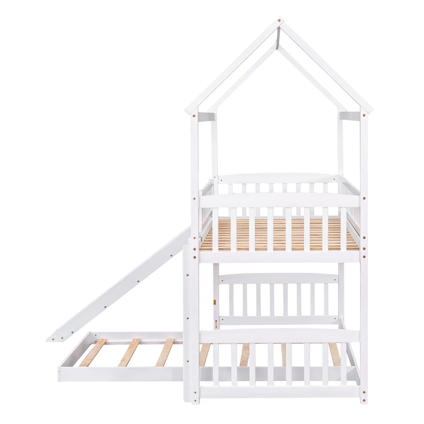 White Twin Over Twin Bunk Bed with Slide and Playhouse