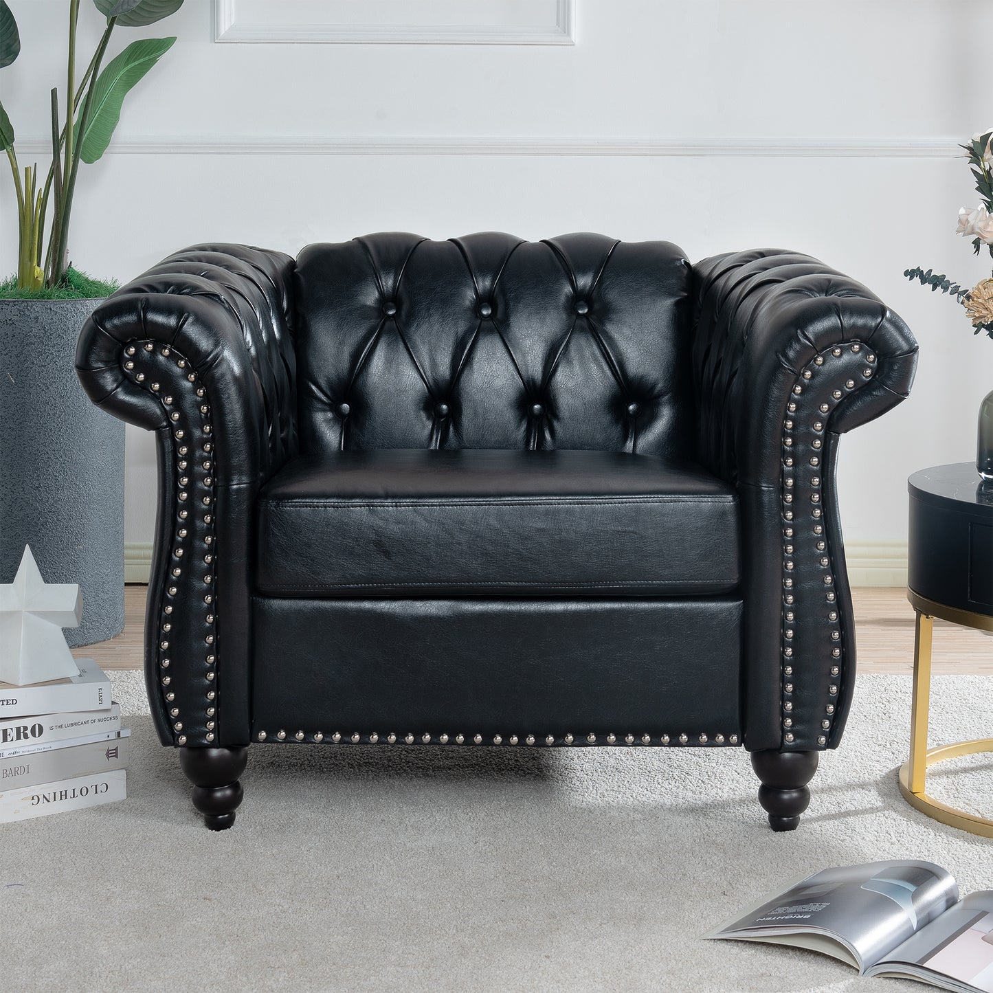 Elegant Leather Living Room Set with Silver Studs Trim