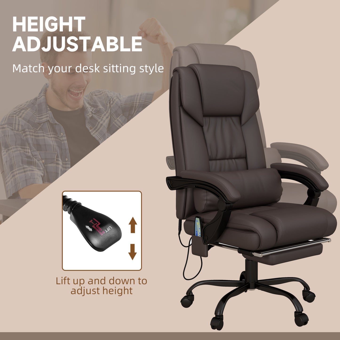 Vinsetto High Back Vibration Massage Office Chair with 6 Points, Hight Adjustable Computer Desk Chair, Reclining Office Chair with Retractable Footrest and Remote, Brown