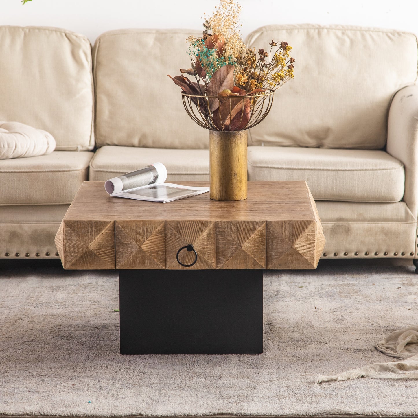 Square Vintage Coffee Table with 3D Embossed Pattern, Drawers, and Solid Wood Base