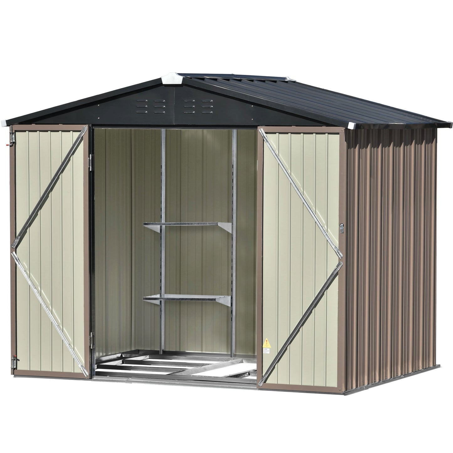 Patio 8ft x6ft Bike Shed Garden Shed, Metal Storage Shed with Adjustable Shelf and Lockable Doors, Tool Cabinet with Vents and Foundation Frame for Backyard, Lawn, Garden, Brown