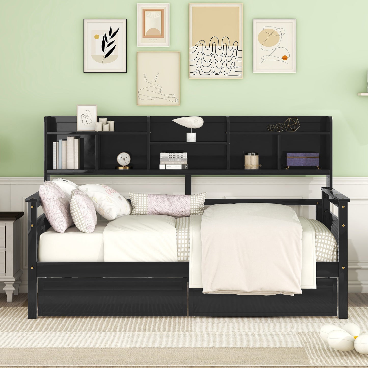 Twin size Daybed, Wood Slat Support, with Bedside Shelves and Two Drawers, Espresso