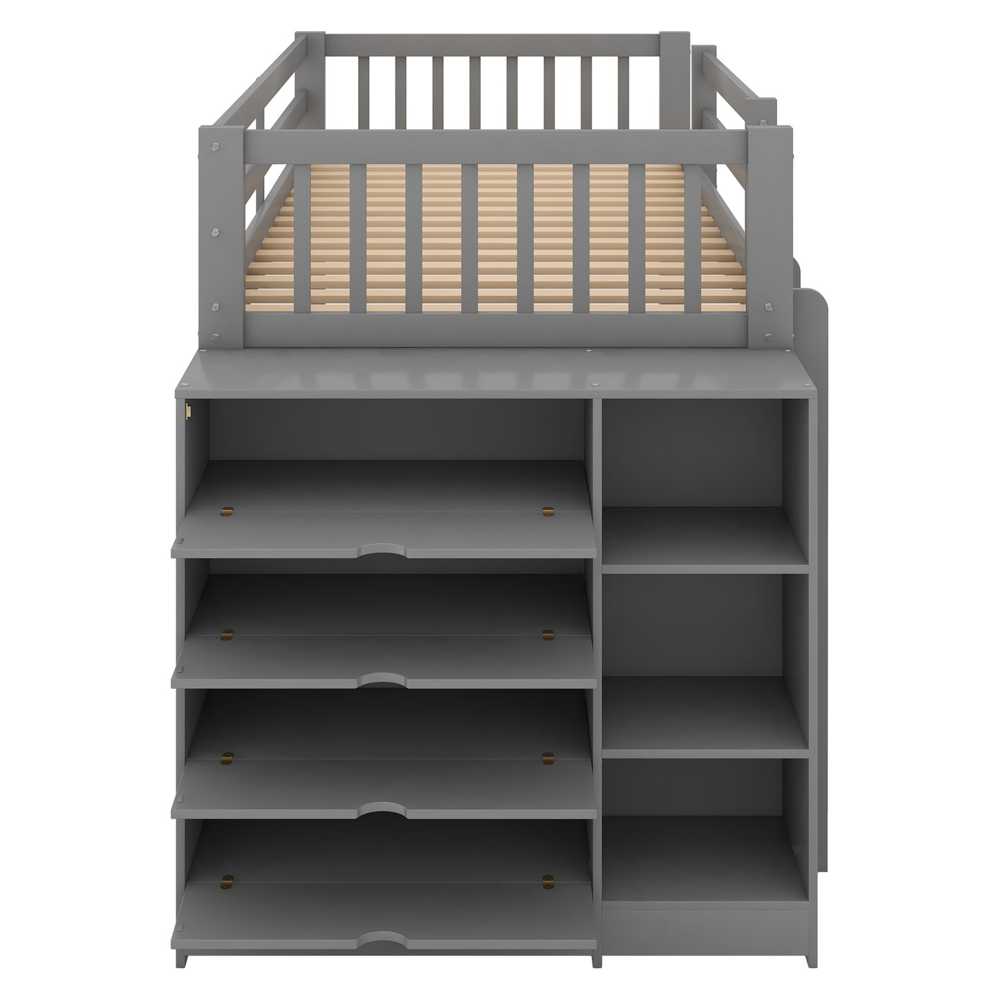 Gray Space-Saving Twin Bunk Bed with Storage Cabinet and Shelves