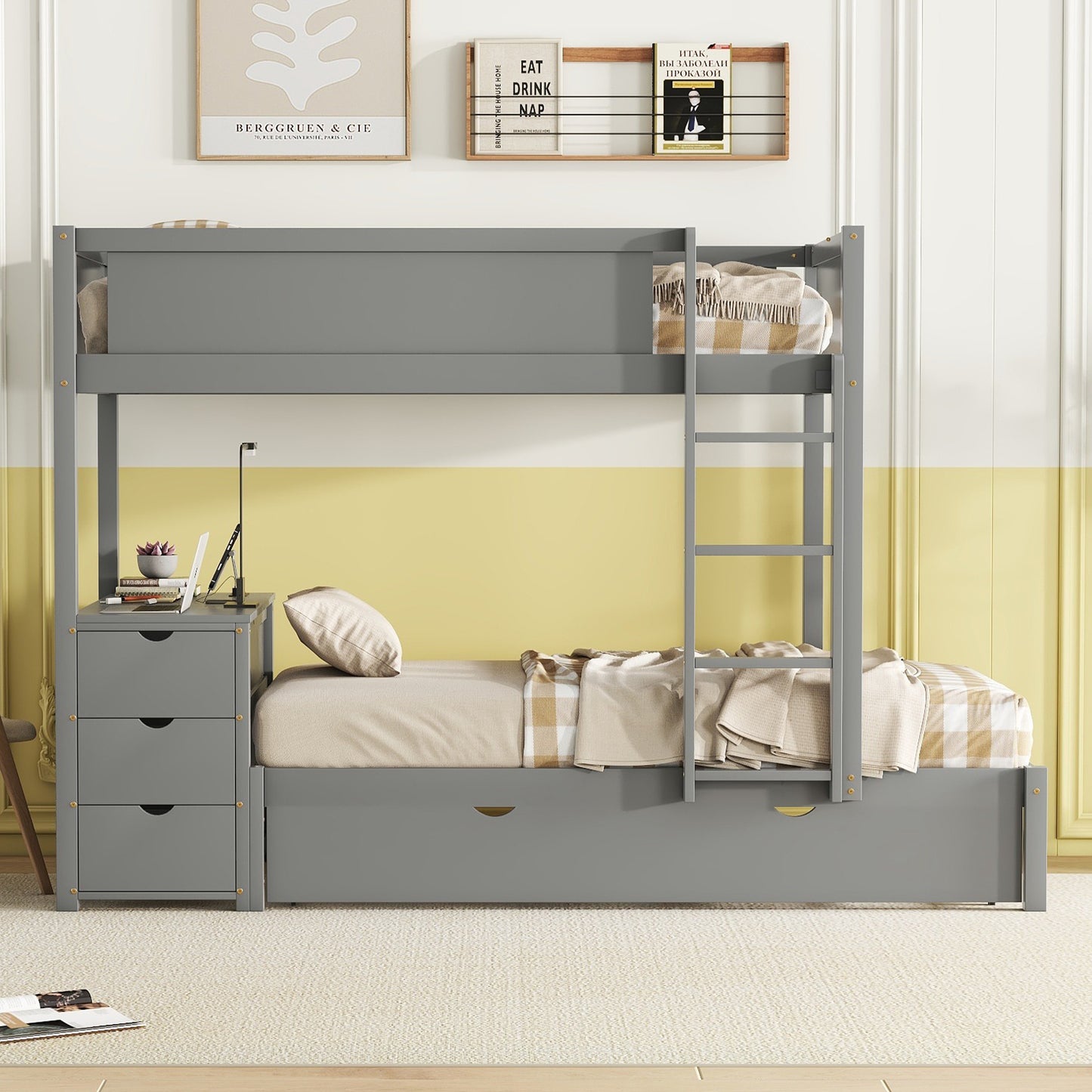 Gray Twin Bunk Bed Set with Trundle, Storage, Desk and USB Ports